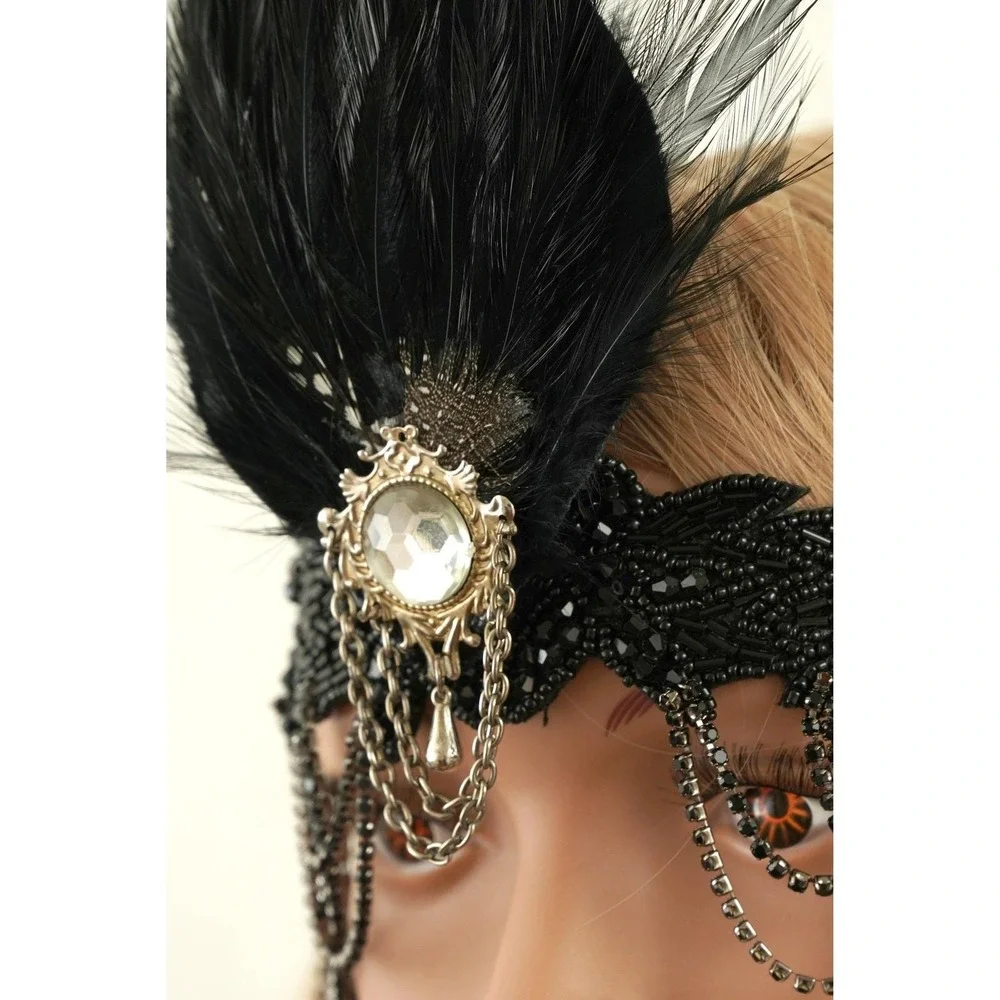 Black 1920s Style Flapper Headband Feather Beaded Rhinestone Headpiece Costume